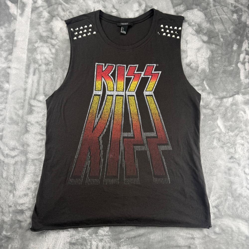 Forever 21 KISS Band Graphic Muscle Tee Studded Sleeveless Shirt Black Large